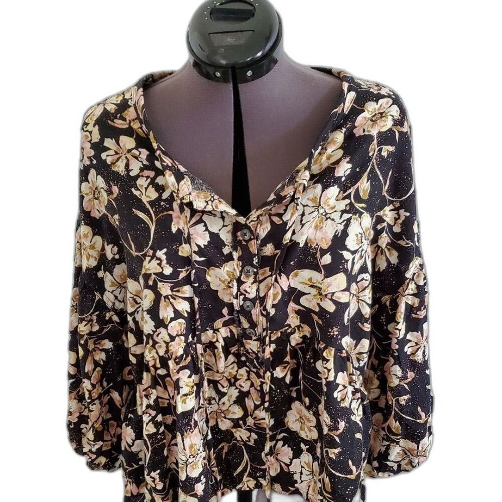 Free People Women's Top Size XS Black Cream Linen Blend Floral Boho Oversized